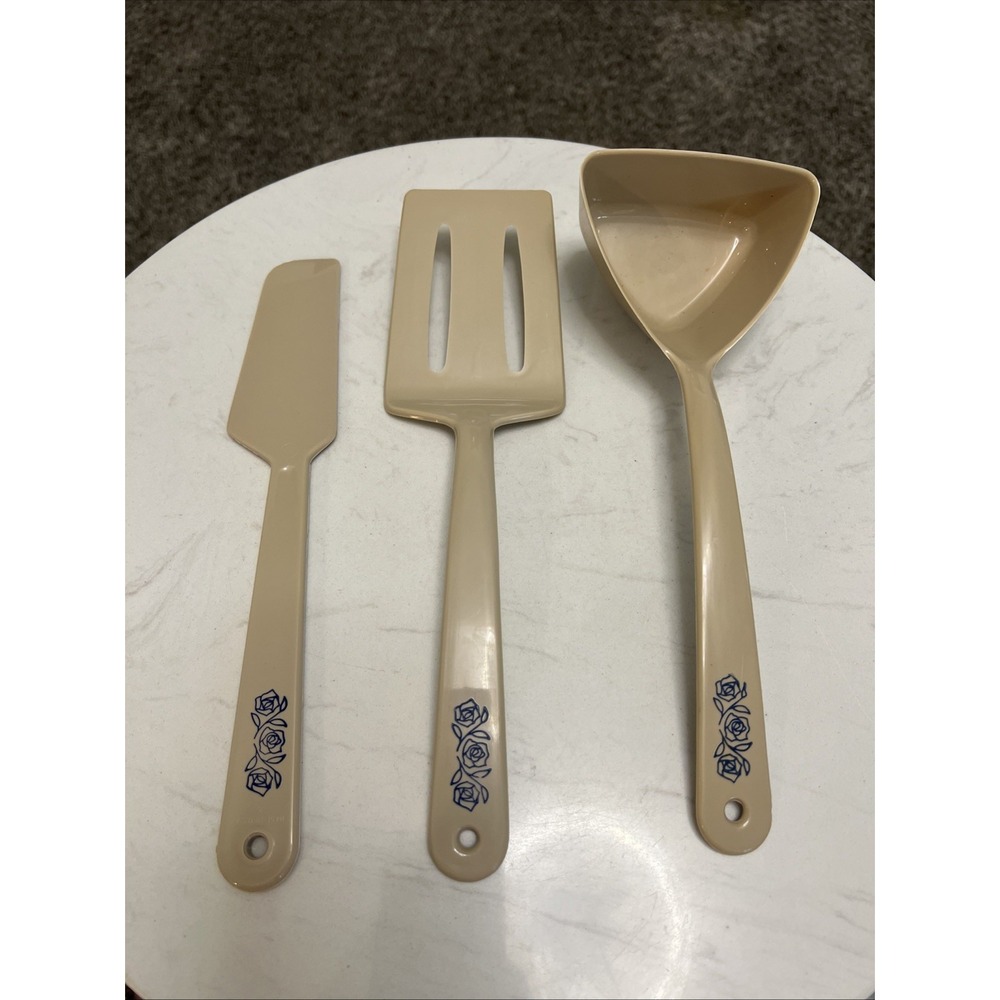 Vintage Norplac Teflon Nylon Kitchen Utensils Beige Blue Floral DuPont Set of 3